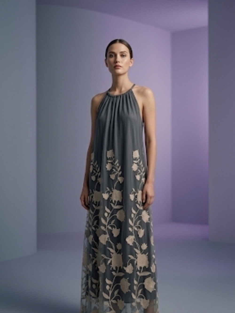 Sundance Gray Halter Maxi Dress with Cream Floral Appliqué